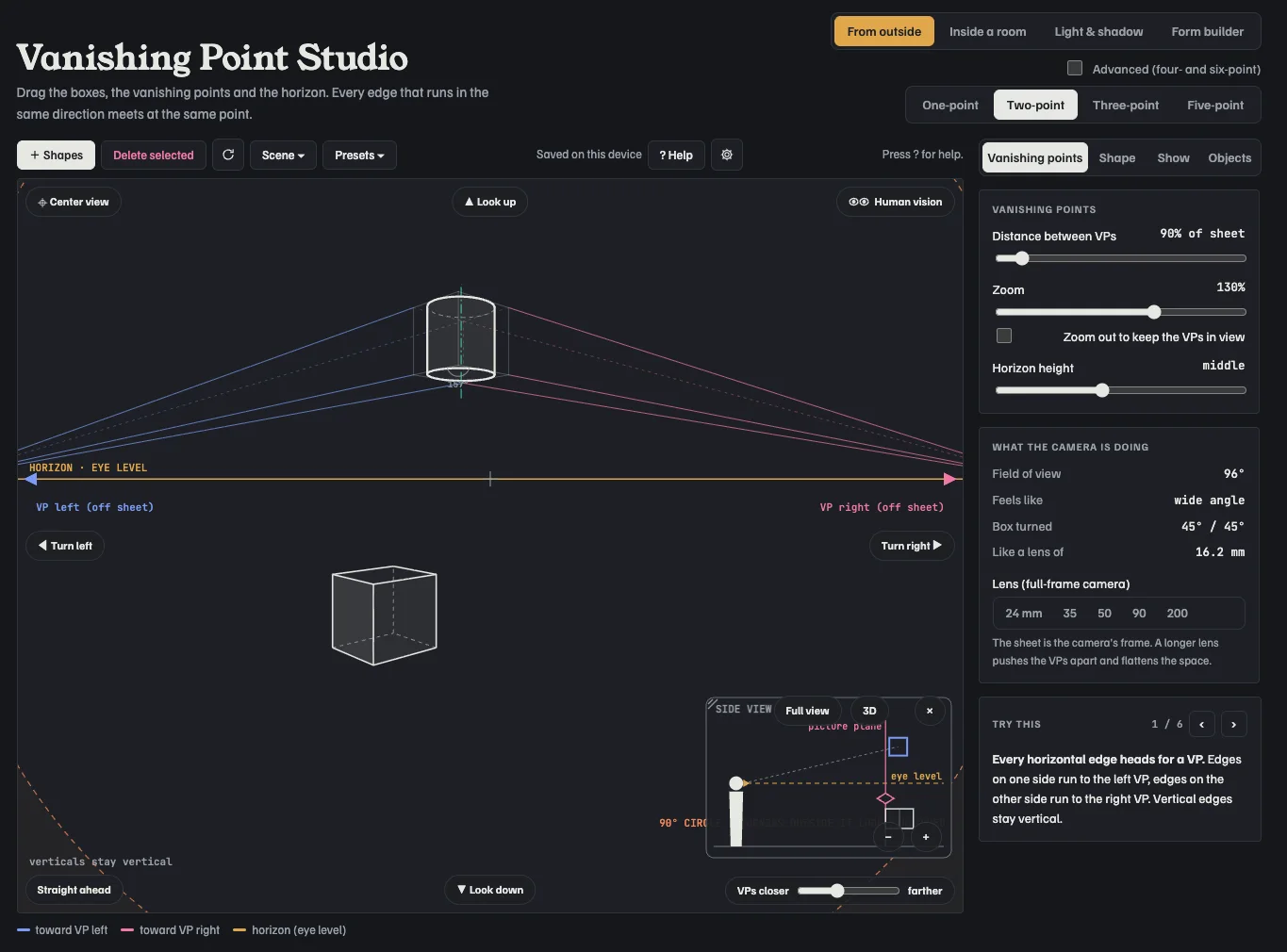 Vanishing Point Studio: a two-point perspective box with the horizon line and vanishing points